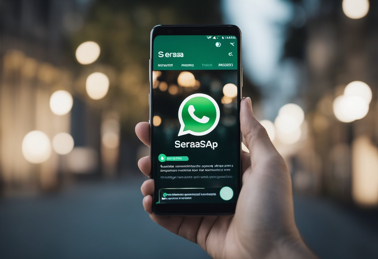 Uma pessoa usando um smartphone para se comunicar com a Serasa através do WhatsApp, com o logo da Serasa visível na tela