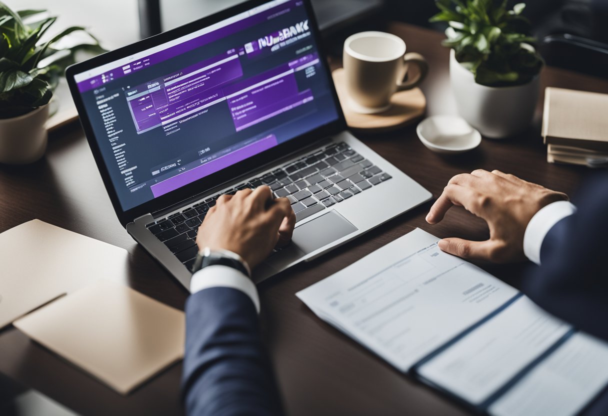 Uma pessoa sentada em uma mesa com um computador, preenchendo documentos para transferir seu salário para o Nubank.