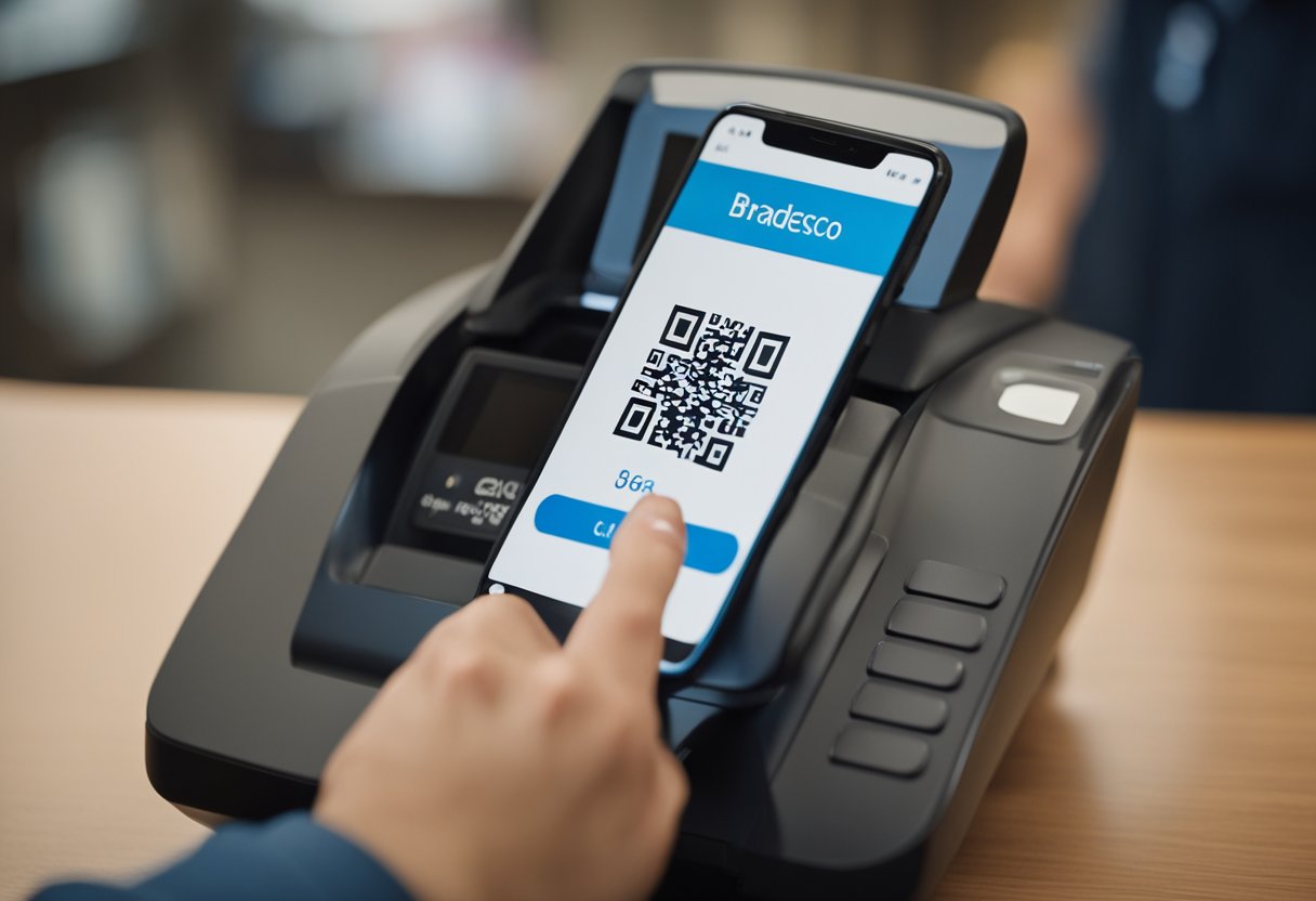 Uma pessoa usando um smartphone para escanear um código QR em uma tela de validação digital do Bradesco