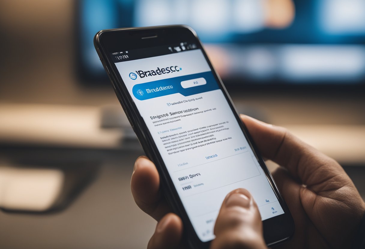 Um smartphone exibindo o aplicativo Bradesco com uma impressão digital sendo escaneada para validação digital