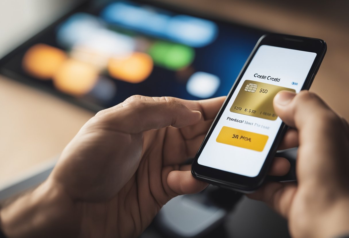 Uma mão segurando um smartphone com um cartão de crédito virtual exibido na tela, enquanto a outra mão usa o telefone para fazer uma compra online.