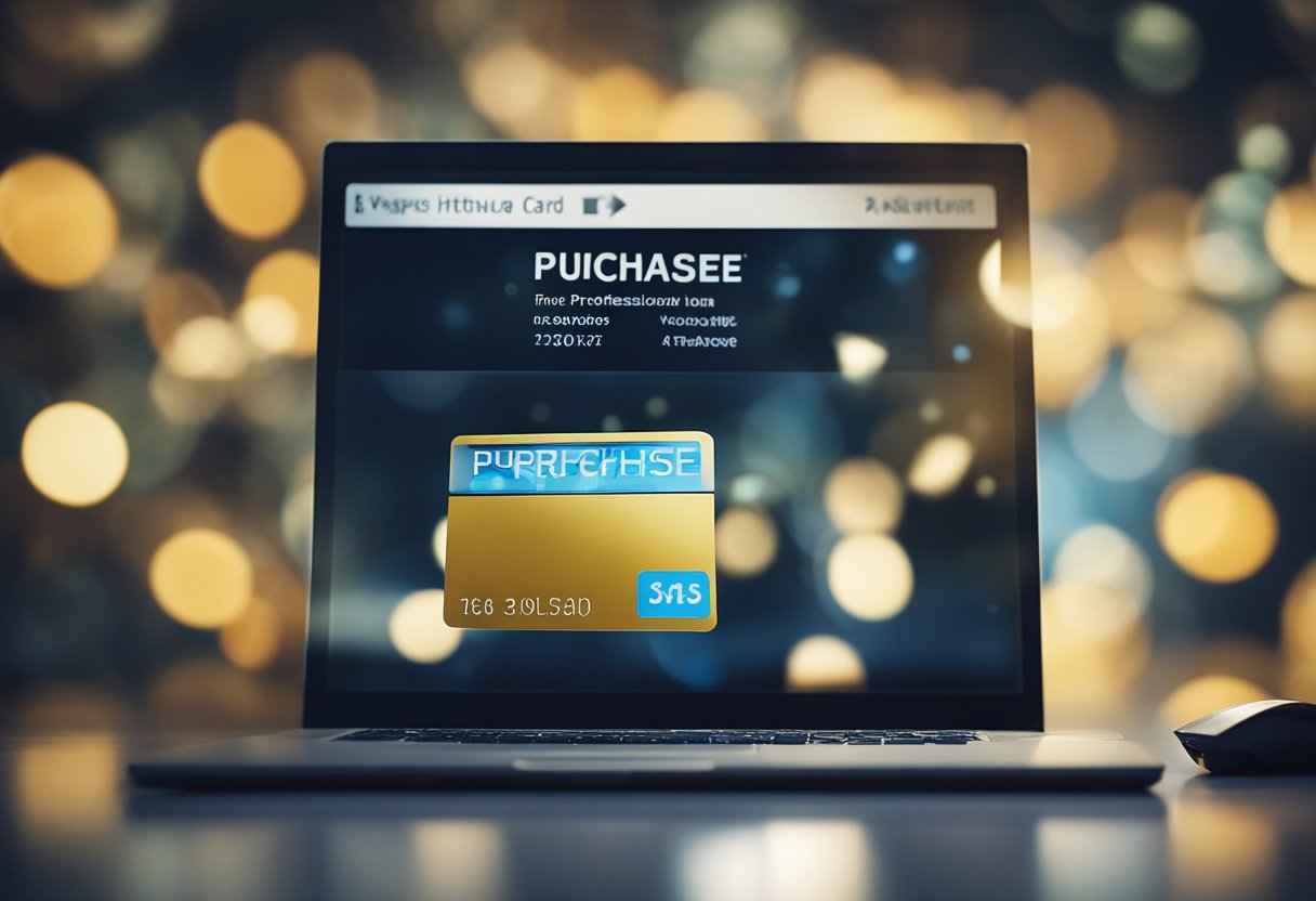 Um cartão virtual pairando acima de uma tela de computador, com um cursor clicando em um botão de "comprar"