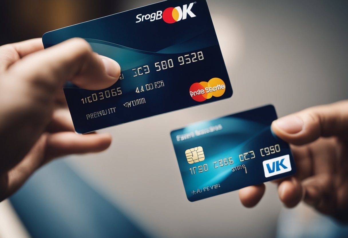 Uma mão segurando um cartão de crédito virtual enquanto faz uma compra online