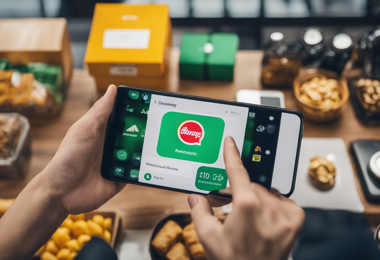 Um smartphone com o logotipo das Americanas na tela, cercado por vários produtos como eletrônicos, roupas e alimentos, com uma janela de chat do WhatsApp aberta mostrando um representante de atendimento ao cliente auxiliando em uma compra.