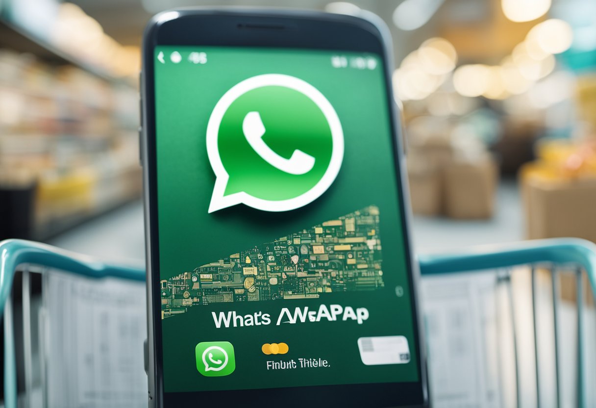 Um smartphone exibindo a interface do WhatsApp com o logo da Americanas, cercado por vários itens de compras, como um carrinho, cartão de crédito e caminhão de entrega.