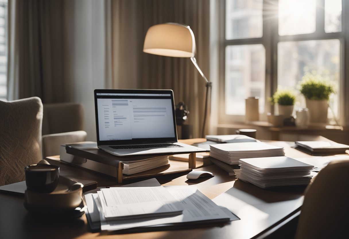 Uma sala de estar aconchegante com uma mesa, cadeira e laptop aberto. Uma pilha de contas e documentos oficiais está espalhada sobre a mesa. Uma janela com luz do sol entrando.