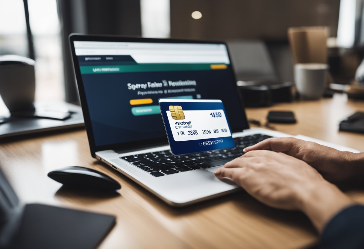 Uma pessoa segurando um cartão de crédito e inserindo suas informações em um site da FortBrasil em um laptop