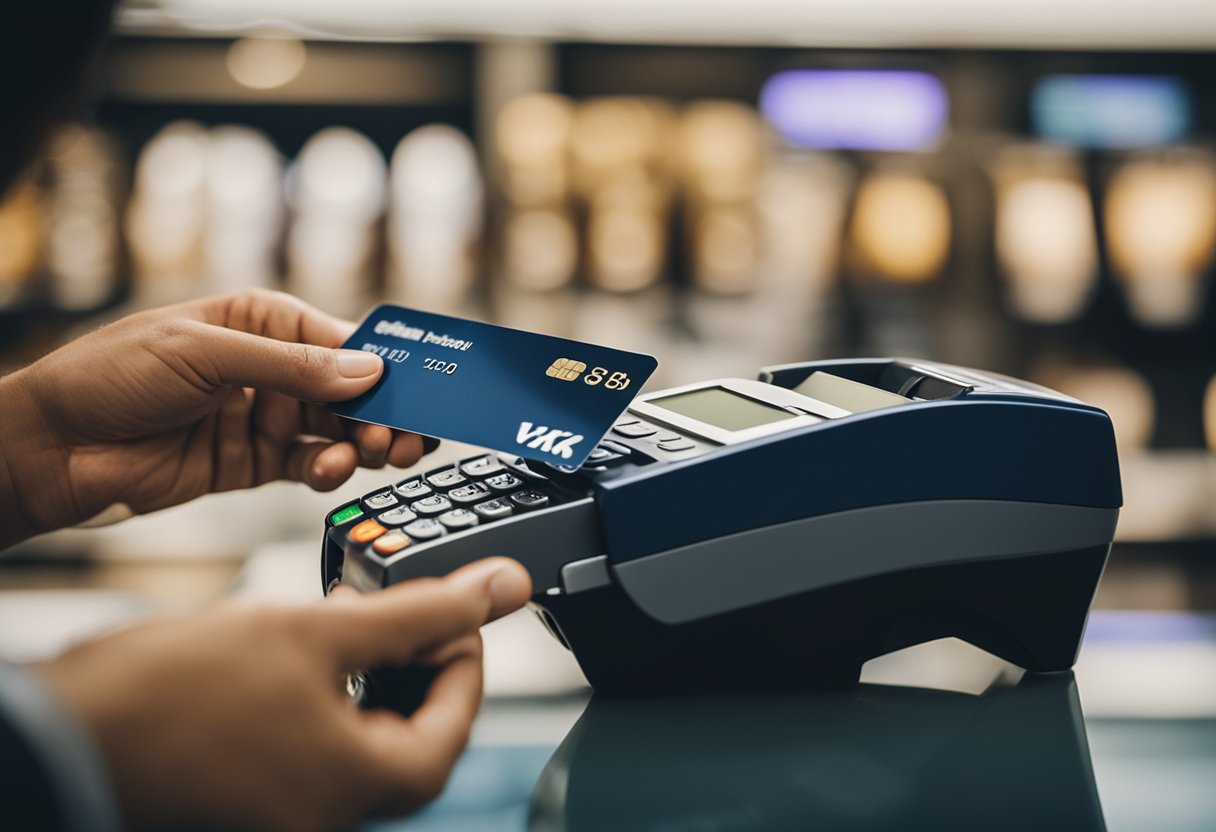 Uma pessoa usando um cartão de crédito Fortbrasil para fazer uma compra em uma loja