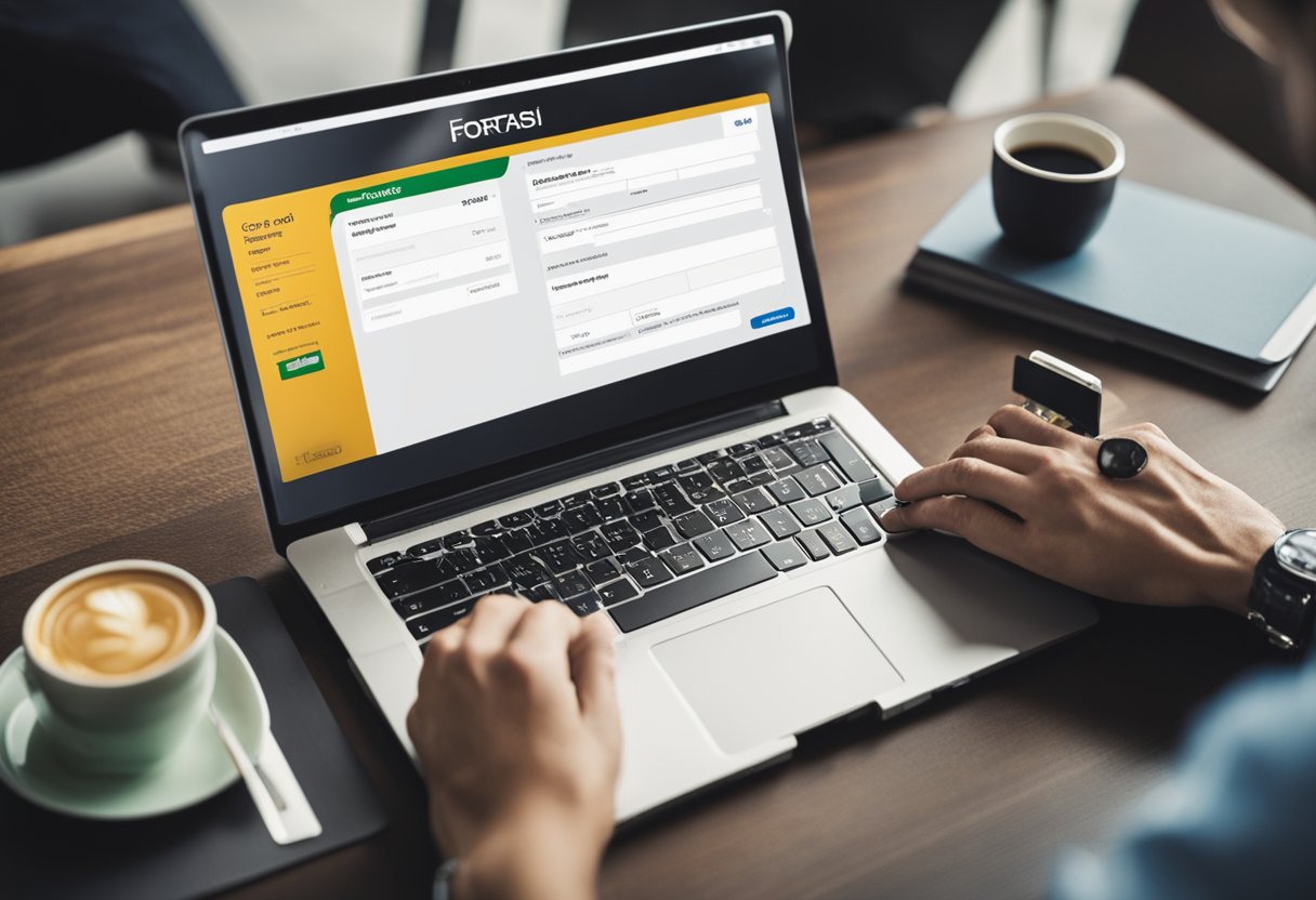Uma pessoa preenchendo um formulário de solicitação de cartão de crédito online com um laptop e o logotipo do cartão de crédito Fortbrasil exibido na tela