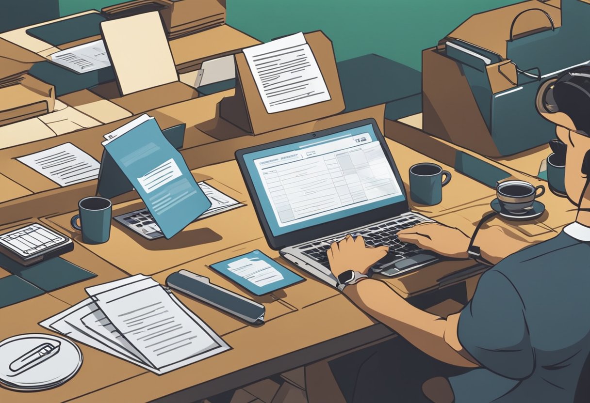 Uma pessoa sentada em uma mesa com um laptop, preenchendo um formulário e fornecendo informações pessoais para o recadastramento do auxílio Brasil.