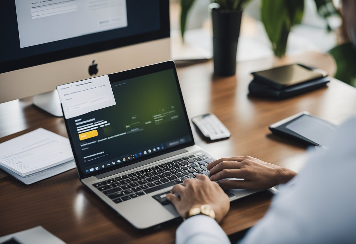Uma pessoa sentada em uma mesa com um laptop, preenchendo um formulário online para o recadastramento do Auxílio Brasil.