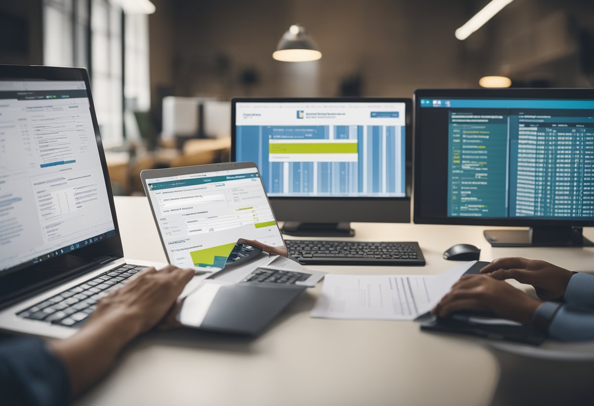 Uma pessoa sentada em uma mesa com um computador, preenchendo formulários para recertificação do programa de assistência brasileiro.