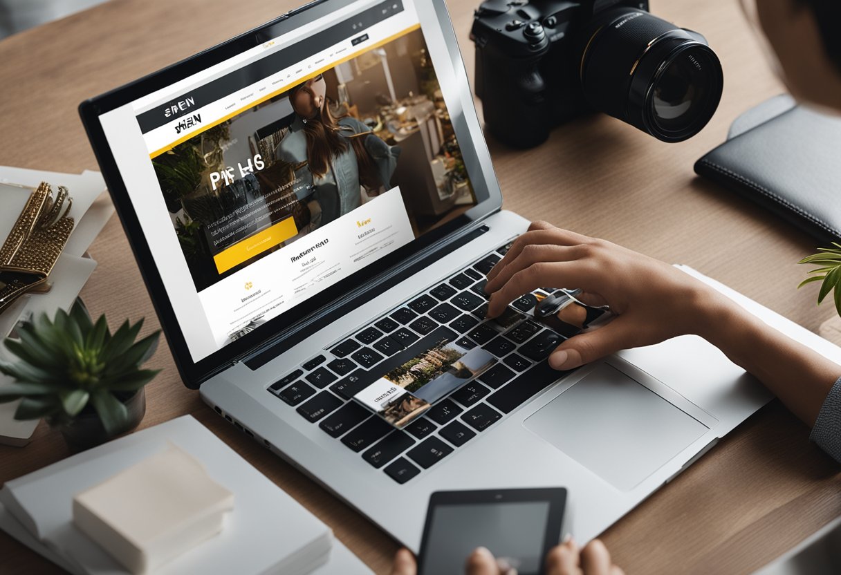 Um laptop exibindo o site da Shein, cercado por uma variedade de itens de moda e acessórios. A mão de uma pessoa se estendendo para clicar na seção "Parceria".