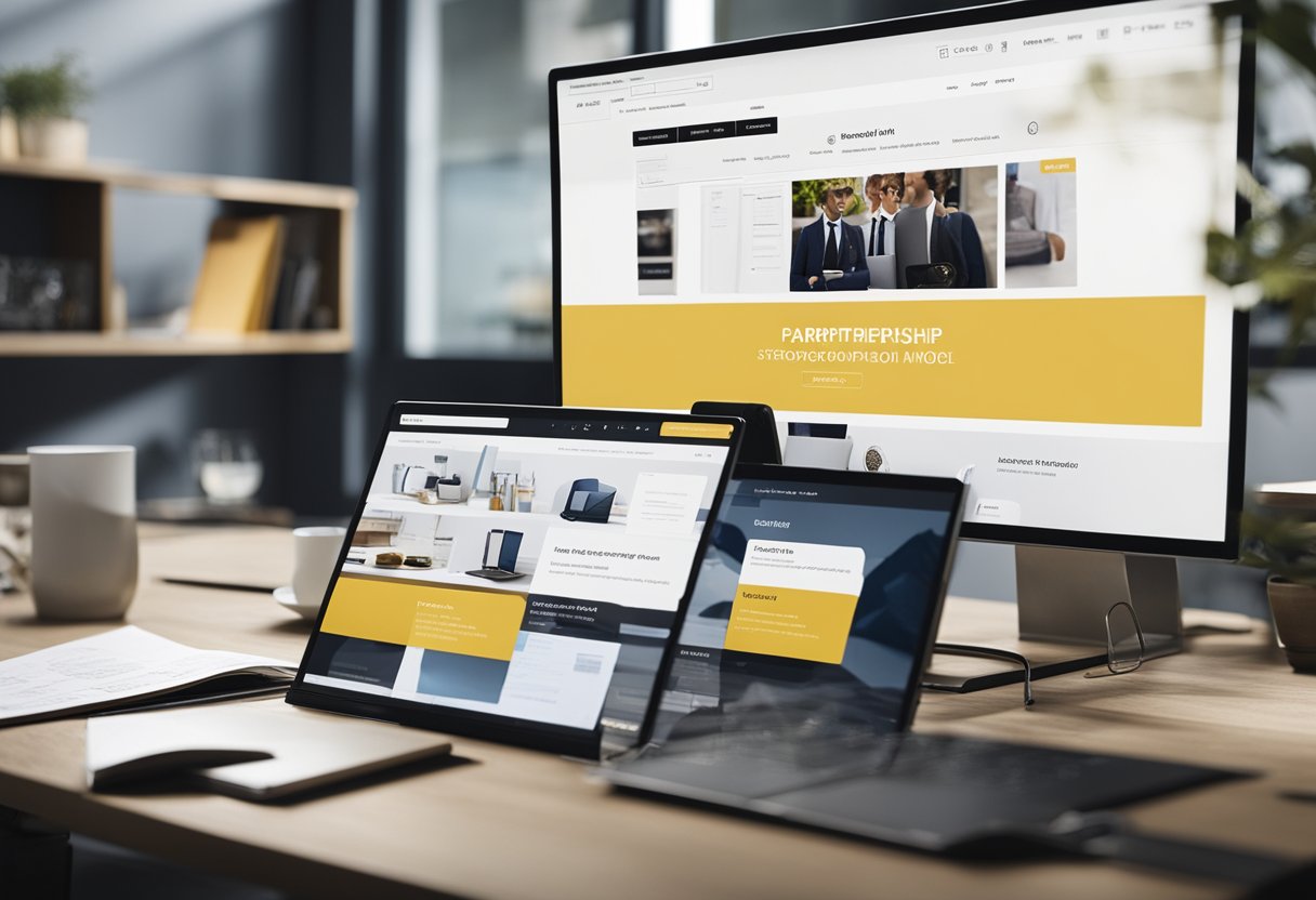 Uma tela de computador exibindo o site da Shein com uma seção rotulada "Modelo de Parceria" destacada, cercada por anotações e materiais de brainstorming.