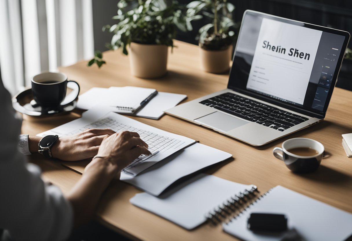 Uma pessoa em uma mesa com um laptop, pesquisando e anotando como fazer parceria com a Shein. Vários documentos e recursos estão espalhados pelo espaço de trabalho.