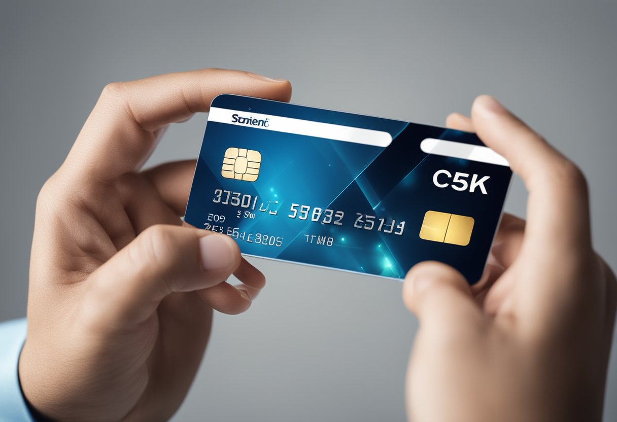 Uma mão segurando um cartão de crédito e um smartphone, com um símbolo de pagamento digital brilhante conectando os dois dispositivos