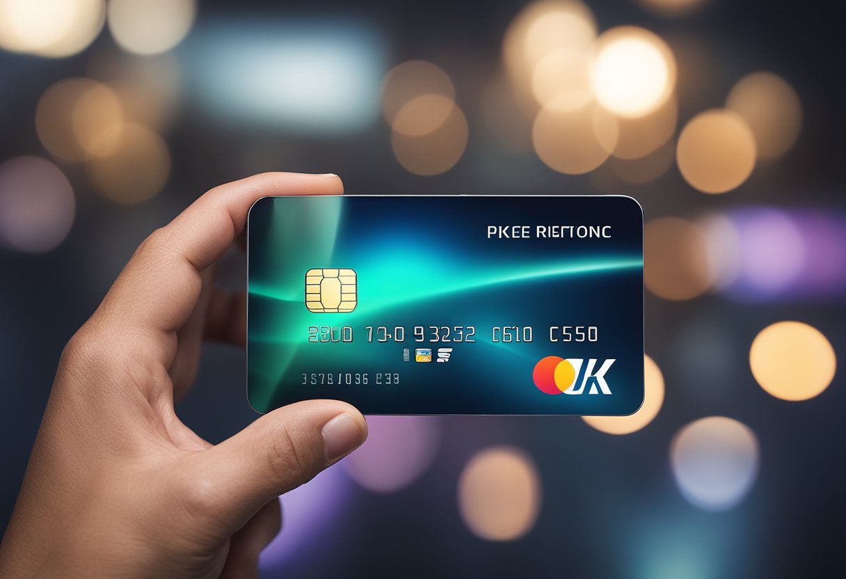 Uma mão segurando um cartão de crédito e um smartphone, com uma interface digital brilhante exibindo o processo de realização de uma transação PIX.