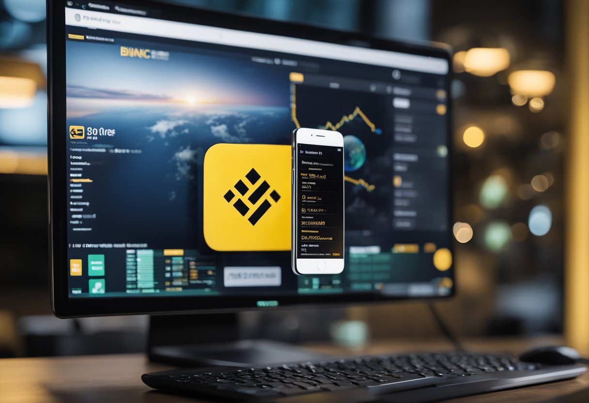 Uma tela de computador mostra a plataforma Binance com uma opção de PIX, enquanto uma mão segura um smartphone com o aplicativo Binance aberto.