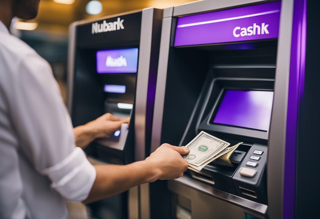 Uma pessoa insere dinheiro em um slot de depósito do Nubank em um caixa eletrônico.
