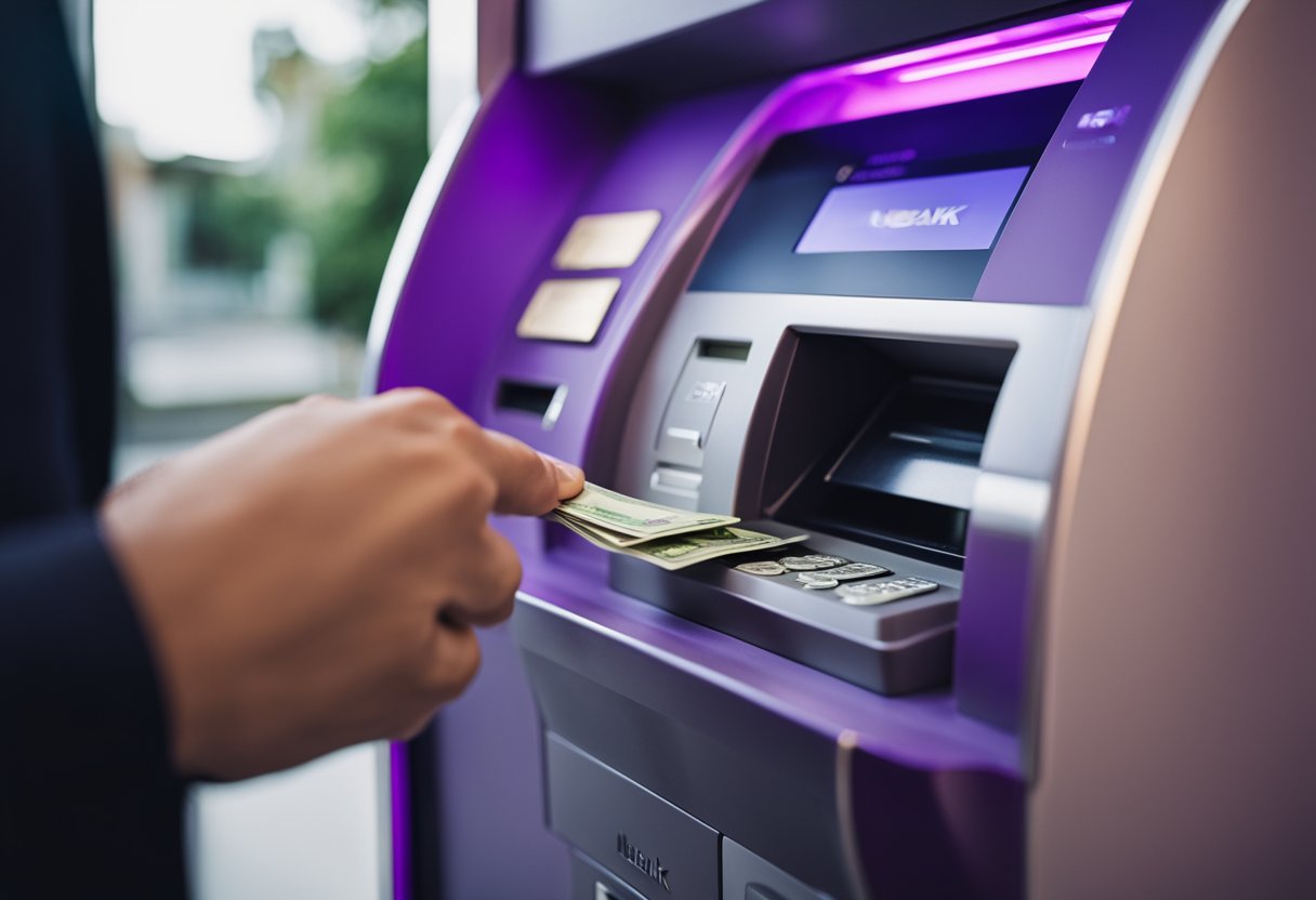 Uma pessoa em pé em um caixa eletrônico do Nubank, inserindo um cartão e depositando dinheiro na máquina