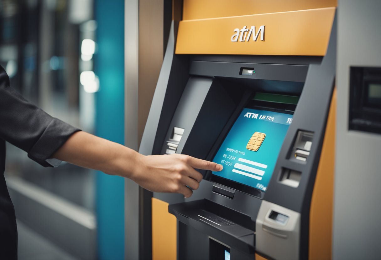 Uma pessoa em pé na frente de um caixa eletrônico moderno e elegante, inserindo um cartão bancário e depositando dinheiro na fenda.