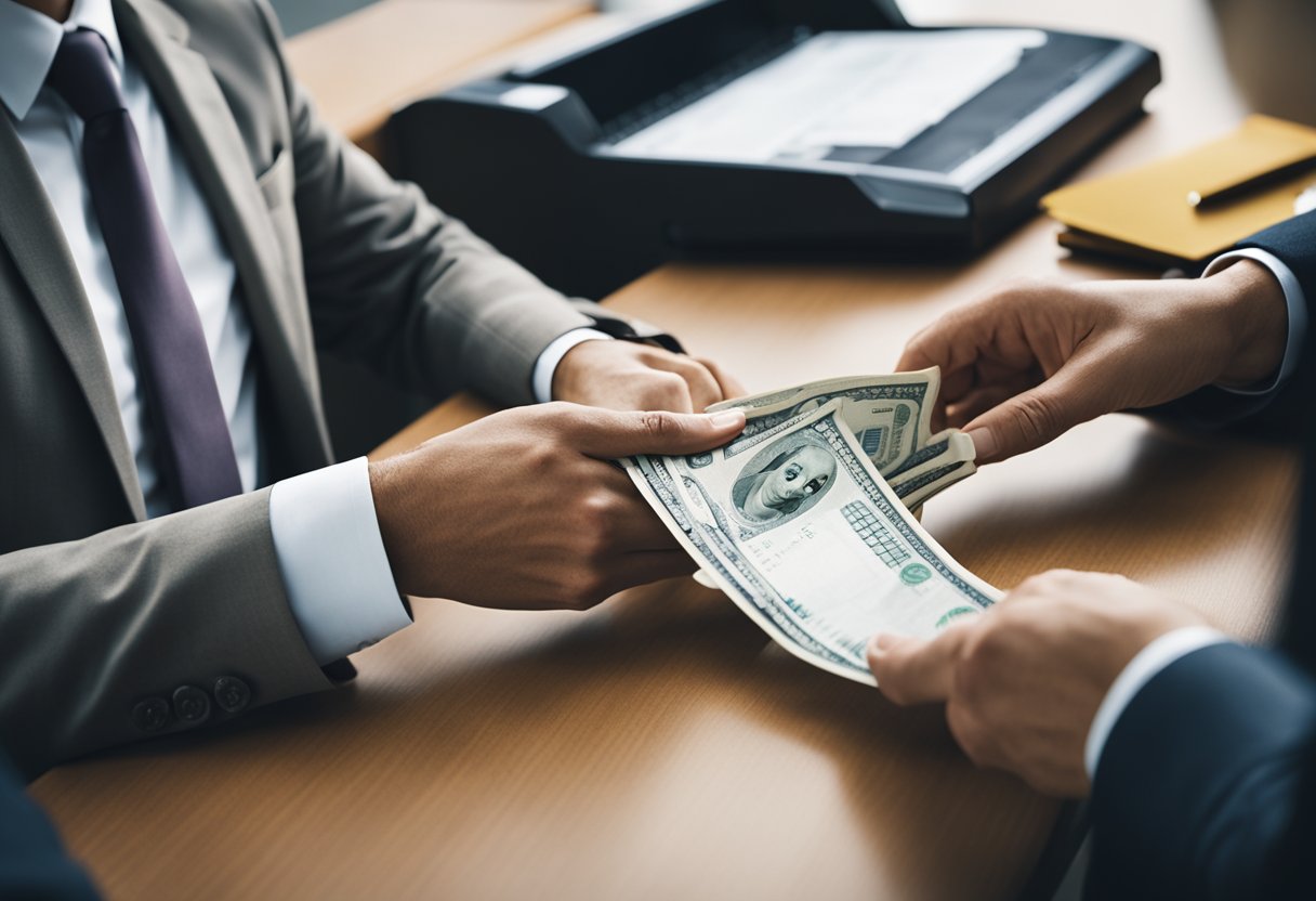 Uma pessoa sentada em uma mesa, entregando um formulário e dinheiro a um caixa do banco.