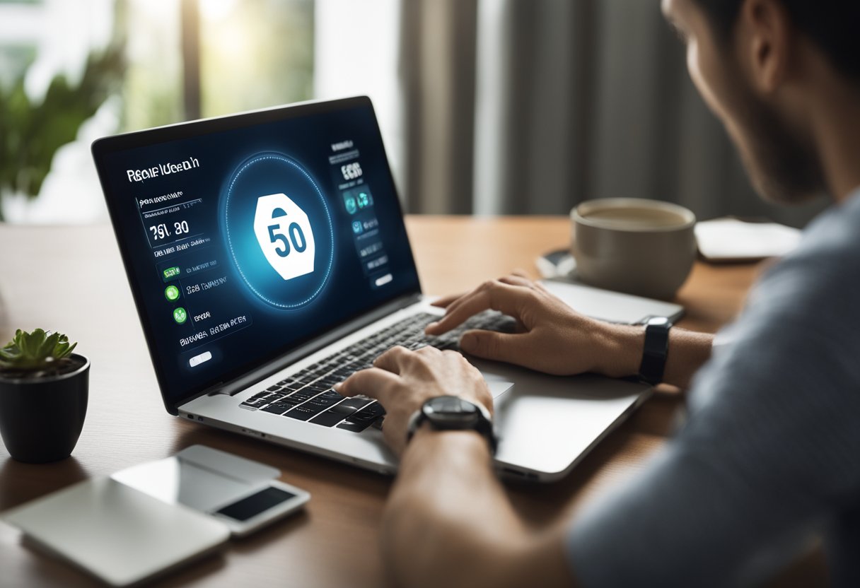 Uma pessoa sentada em uma mesa, usando um laptop ou smartphone para solicitar um empréstimo rápido de 500 reais online.