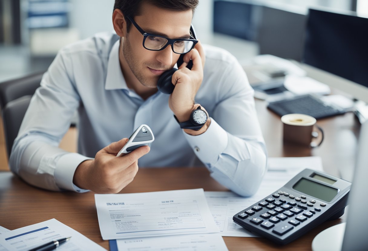 Uma pessoa sentada em uma mesa com um laptop e papéis, cercada por documentos financeiros e uma calculadora, enquanto fala com um representante do banco ao telefone.