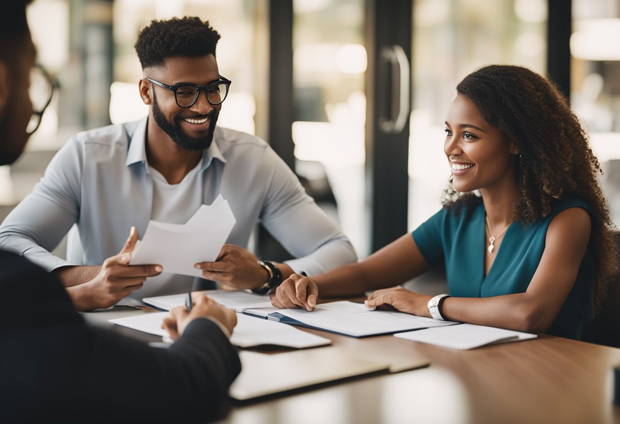 Um cliente sentado em uma mesa em frente a um funcionário da Havan, discutindo opções de empréstimo e preenchendo a papelada.