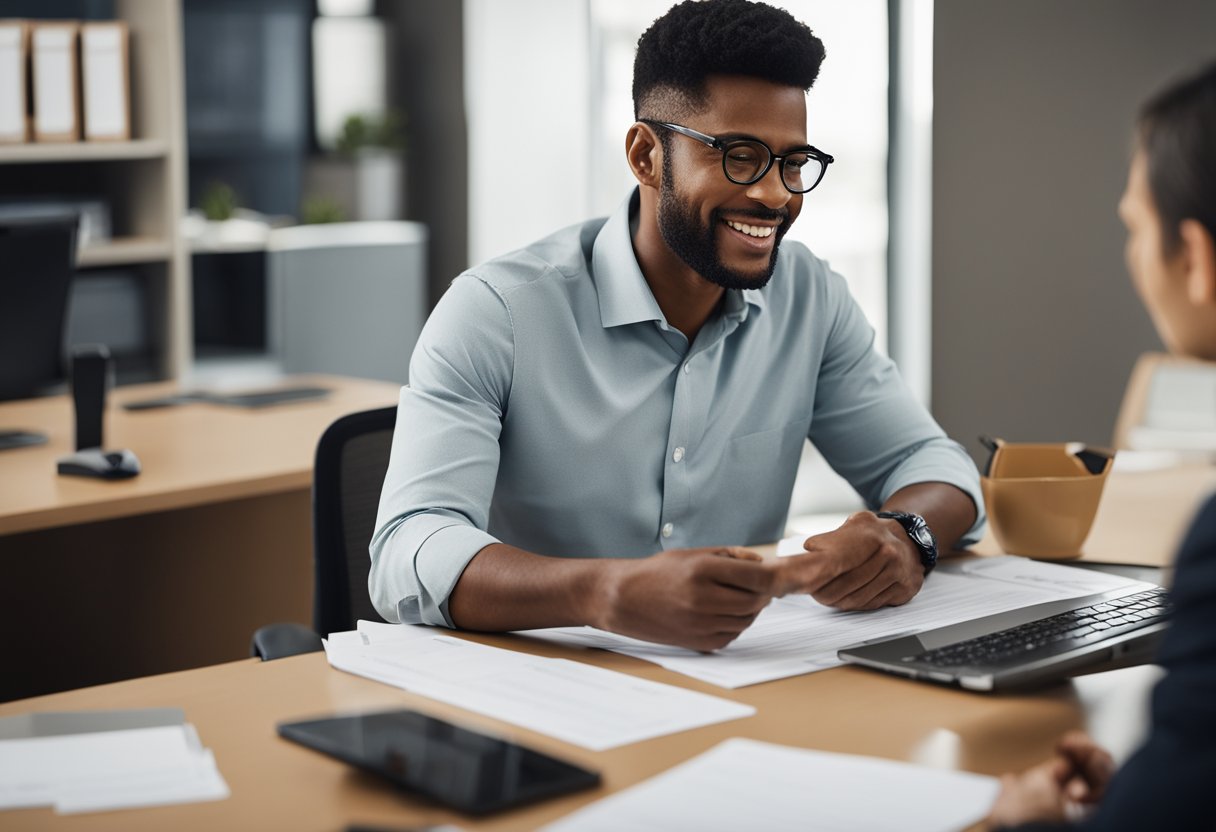 Uma pessoa sentada em uma mesa com documentos, conversando com um funcionário da Havan sobre o processo de empréstimo.