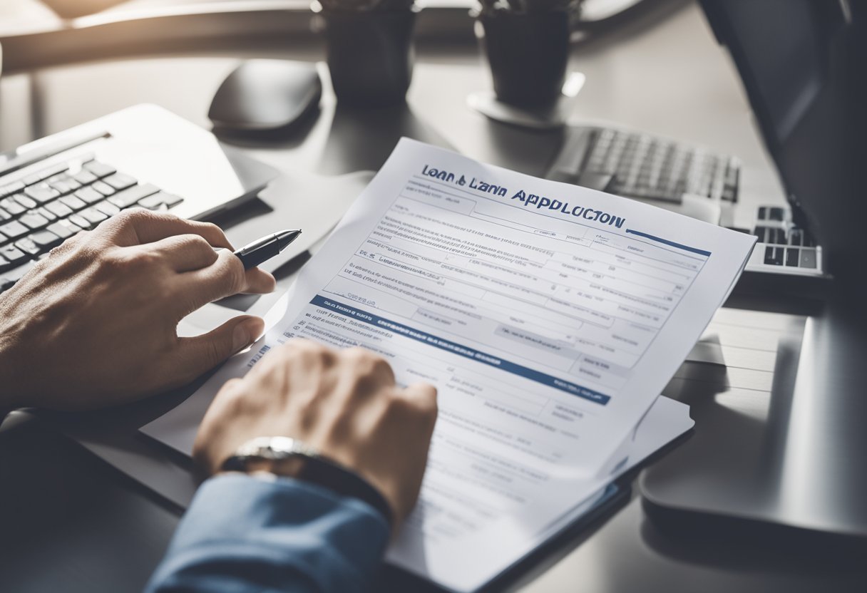 Uma pessoa sentada em uma mesa com um computador, preenchendo um formulário de solicitação de empréstimo com uma caneta. Um logo da loja Havan é visível ao fundo.