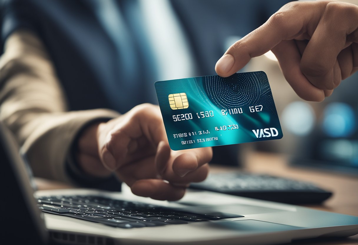 Uma mão alcançando um cartão de crédito, com uma tela de computador mostrando uma transação sendo revertida