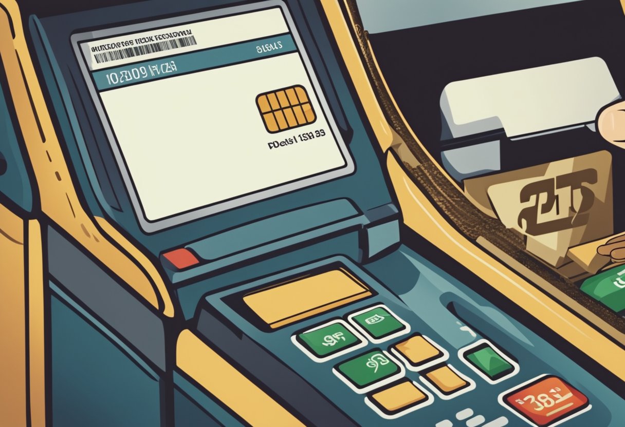 Uma mão passando um cartão de débito em um terminal de pagamento, com uma bolha de pensamento mostrando o cartão sendo devolvido e dinheiro fluindo de volta