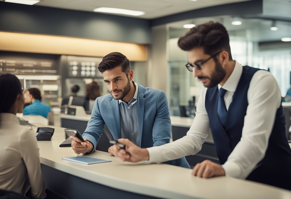 Um cliente em um balcão de banco, apontando para uma transação em seu telefone enquanto um funcionário do banco ouve atentamente e faz anotações.