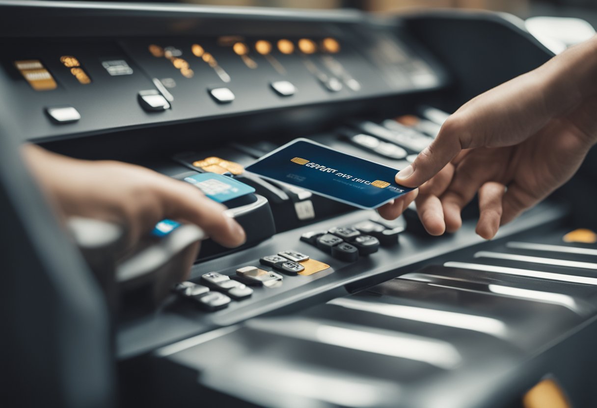 Uma mão alcançando um cartão de crédito inserido em uma máquina Stone, enquanto outra mão pressiona um botão para processar um reembolso.