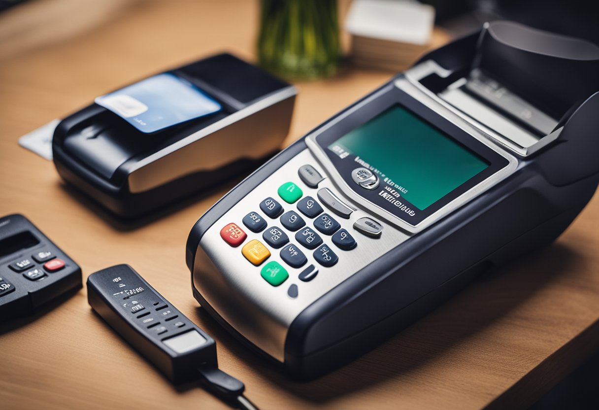 Uma máquina de cartão de crédito portátil com o logotipo da Stone na tela, um cartão sendo passado e um reembolso sendo processado.