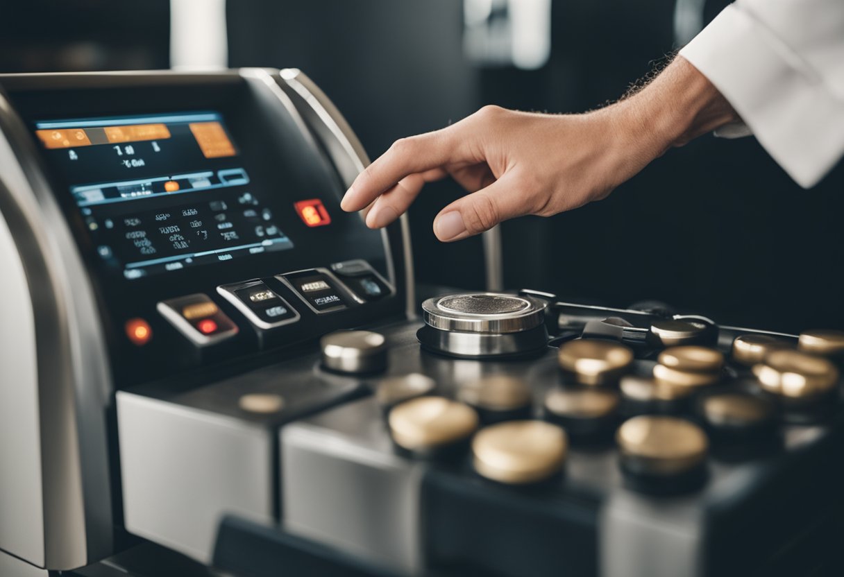 Uma mão alcançando uma máquina de Stone, pressionando botões para processar uma transação de estorno