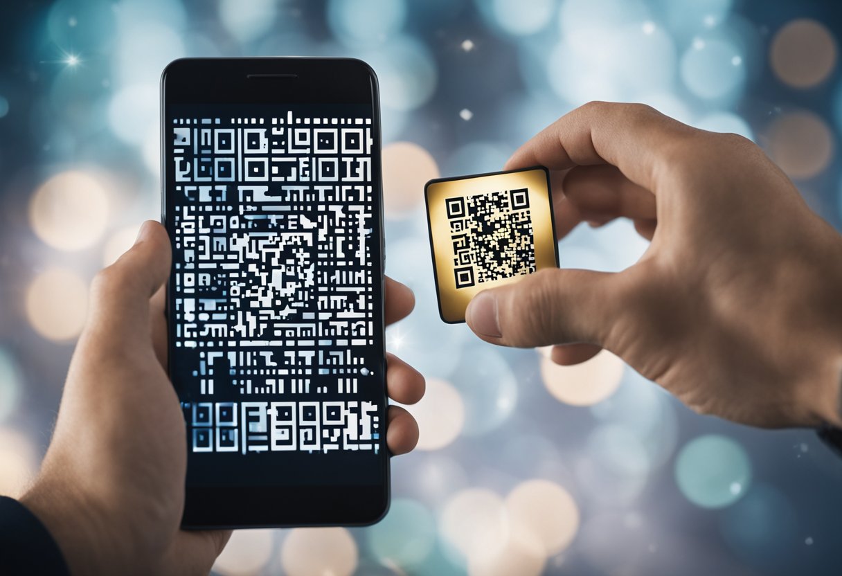 Uma mão alcançando um smartphone com um código QR do Pix exibido na tela, enquanto símbolos de dinheiro flutuam acima.