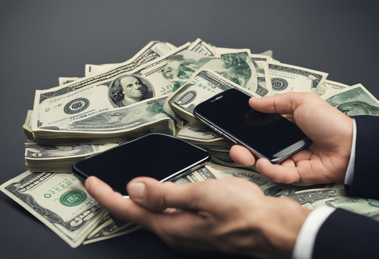 Uma mão se estendendo para um smartphone com um símbolo de dinheiro na tela, enquanto outra mão segura um monte de dinheiro.