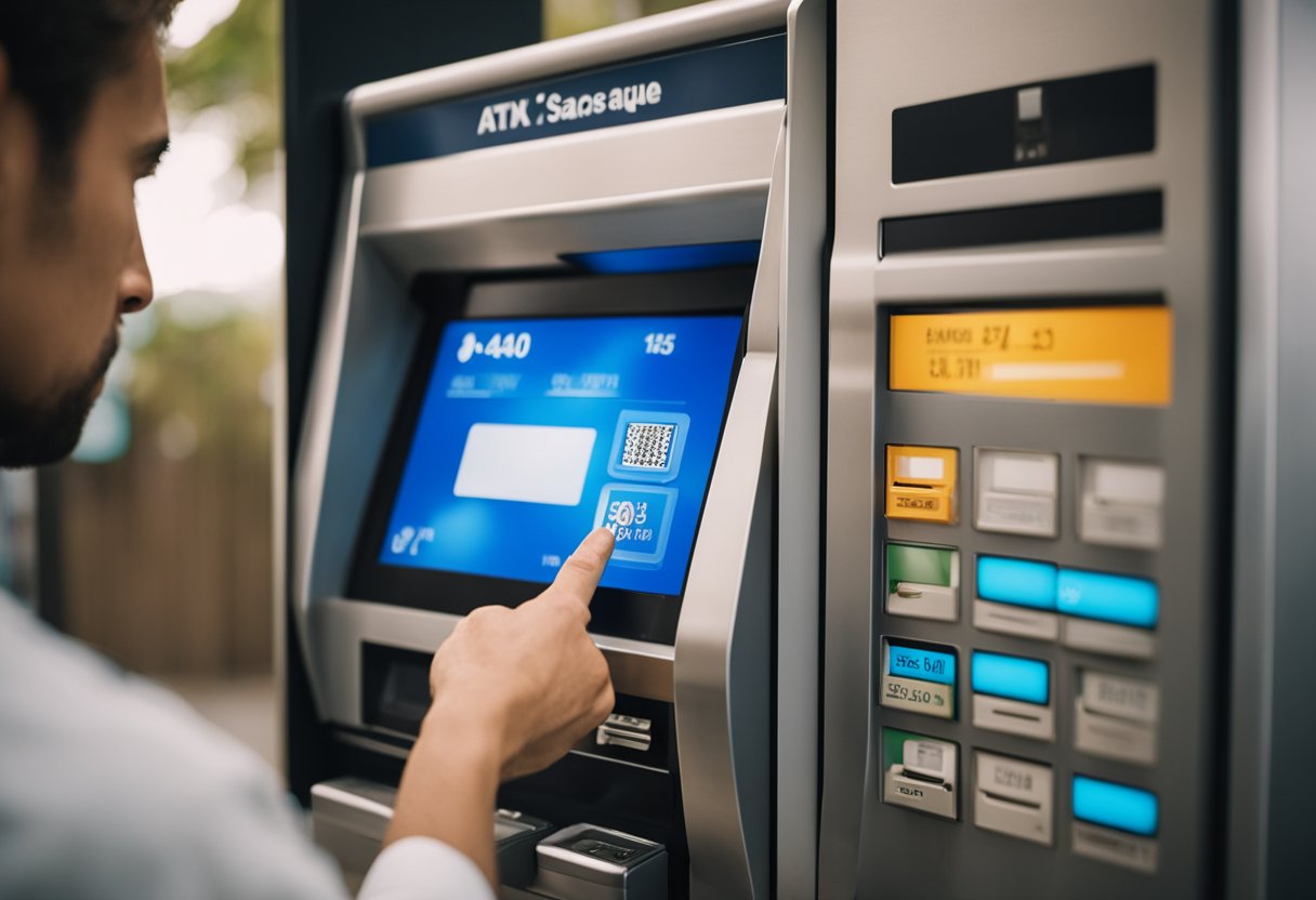 Uma pessoa em pé em um caixa eletrônico, digitando uma senha e selecionando a opção de "PIX Saque" enquanto o dinheiro é dispensado da máquina.