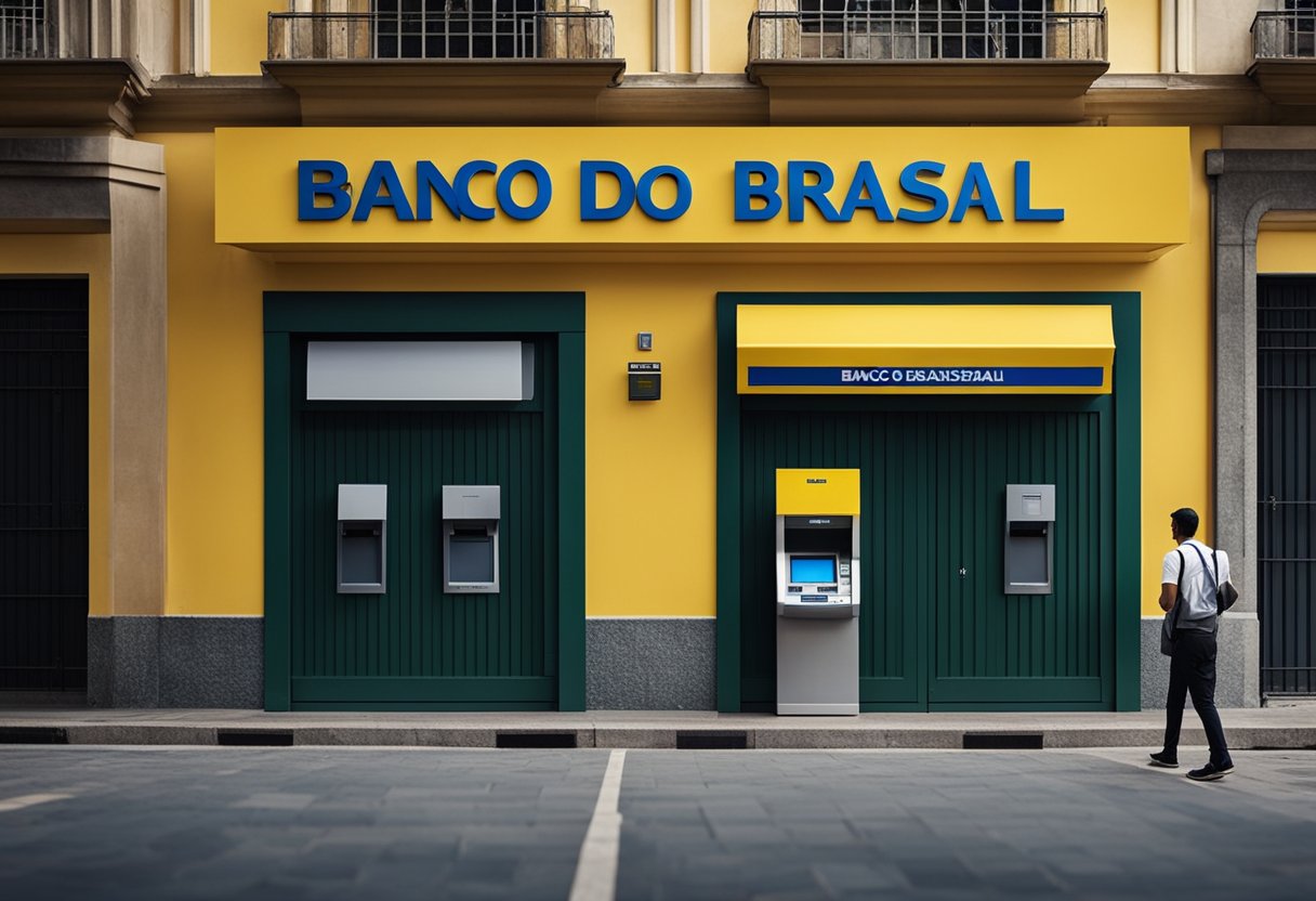 Uma pessoa se aproxima de um caixa eletrônico do Banco do Brasil, insere suas informações de conta e recebe dinheiro sem usar um cartão.