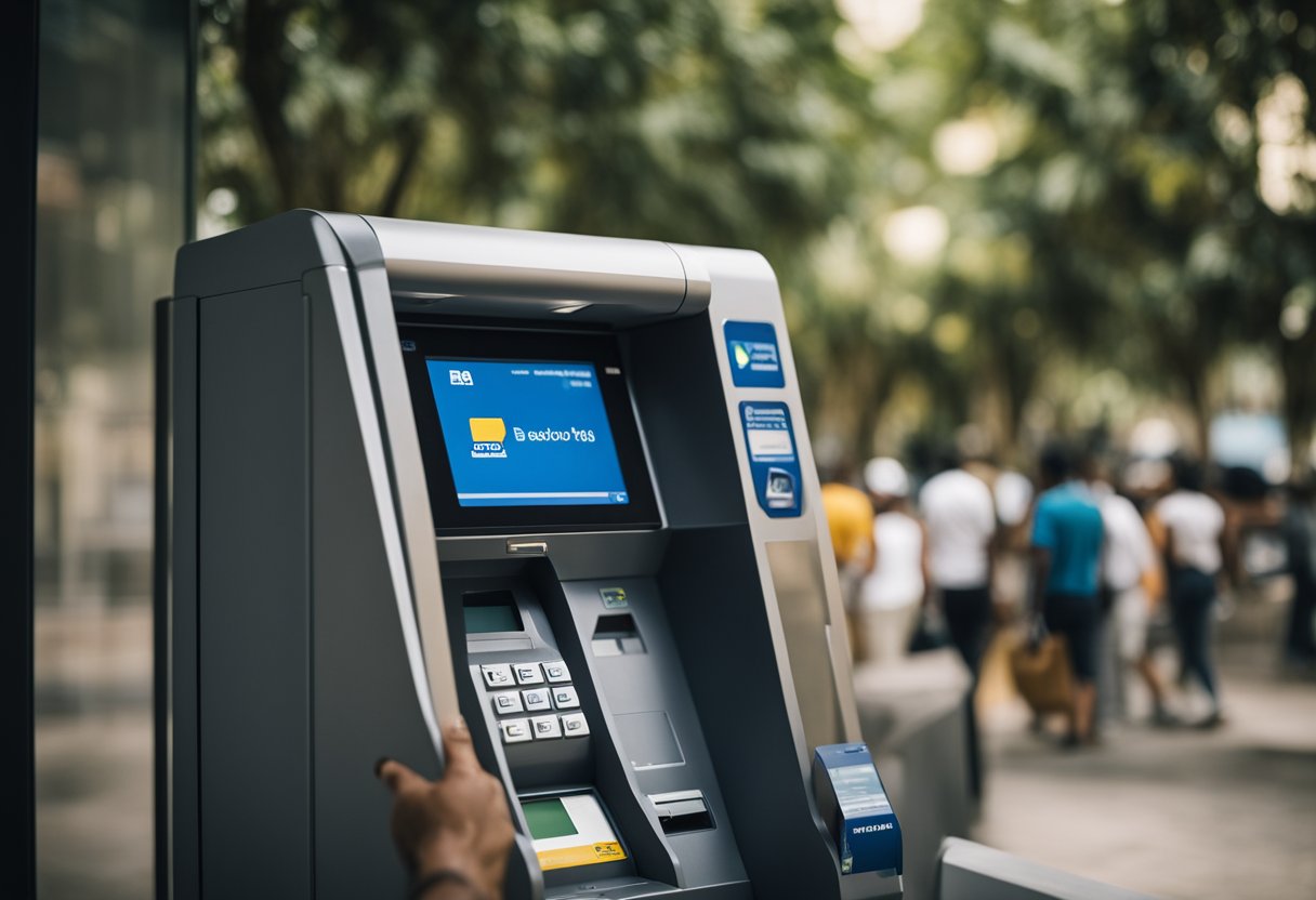 Uma pessoa em pé em um caixa eletrônico do Banco do Brasil, usando um aplicativo móvel para iniciar um saque sem cartão.