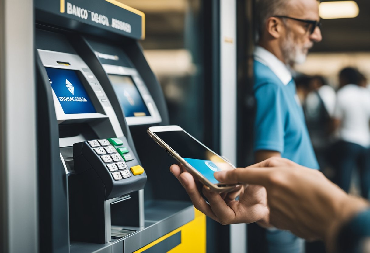 Uma pessoa usando um smartphone para fazer um saque em um caixa eletrônico do Banco do Brasil sem um cartão