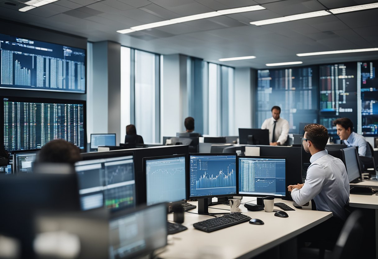 Um escritório financeiro movimentado com funcionários em mesas, gráficos nas paredes e telas de computador exibindo dados de investimento.
