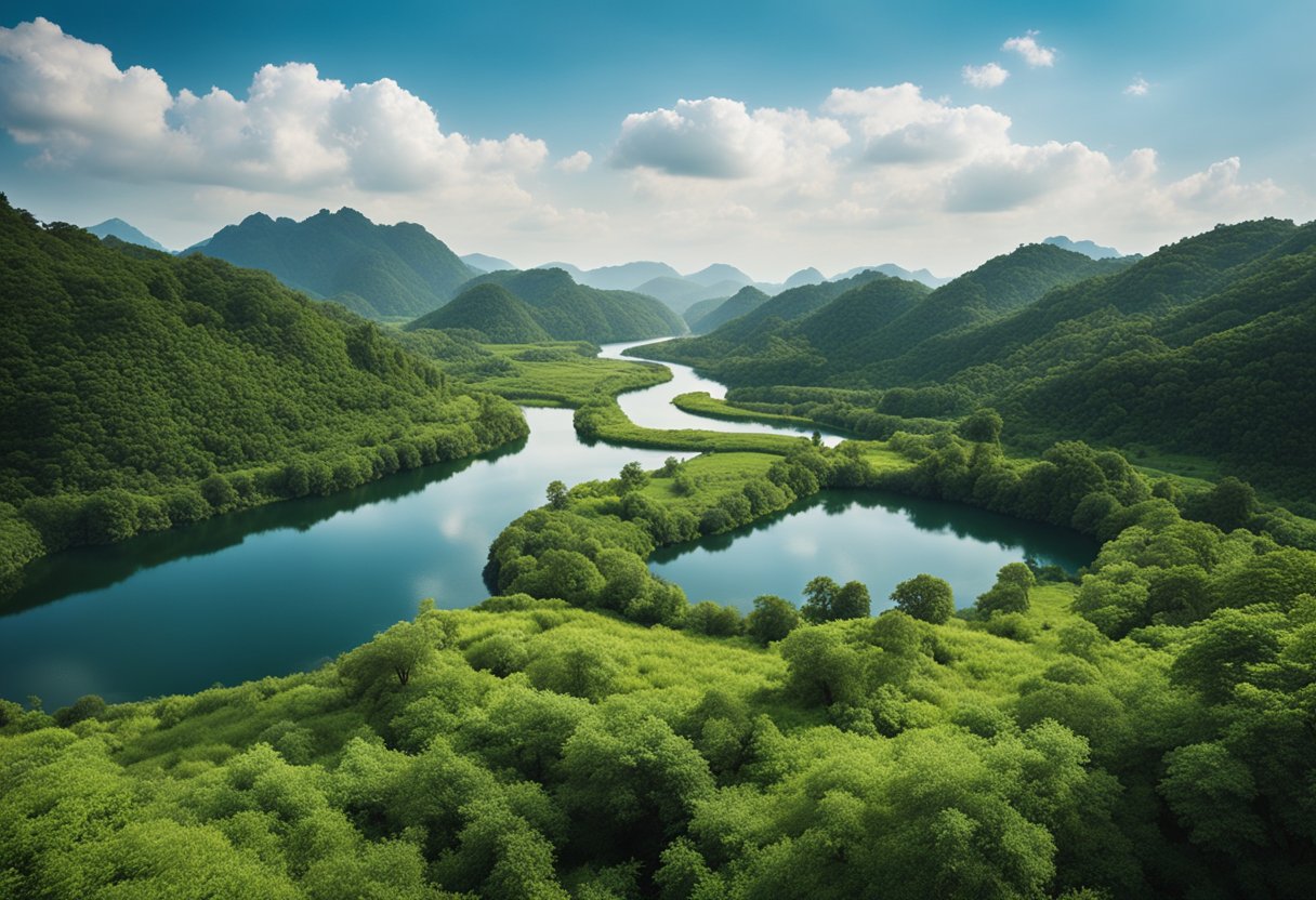 Uma paisagem serena com um rio sinuoso, vegetação exuberante e um céu azul claro, exibindo a essência pacífica e natural da funcionalidade do Orama.