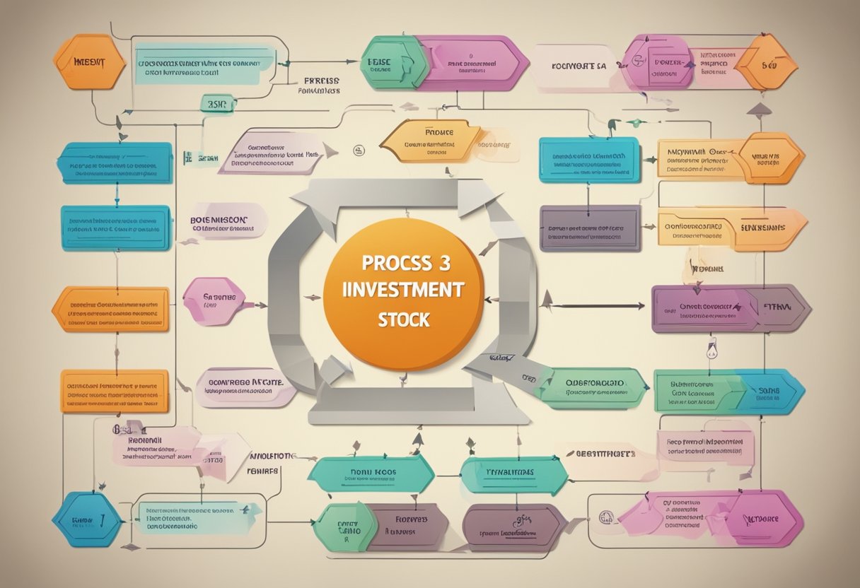 Um fluxograma colorido mostrando o processo de investimento, com várias setas e símbolos conectando diferentes etapas, representando a funcionalidade da Orama.