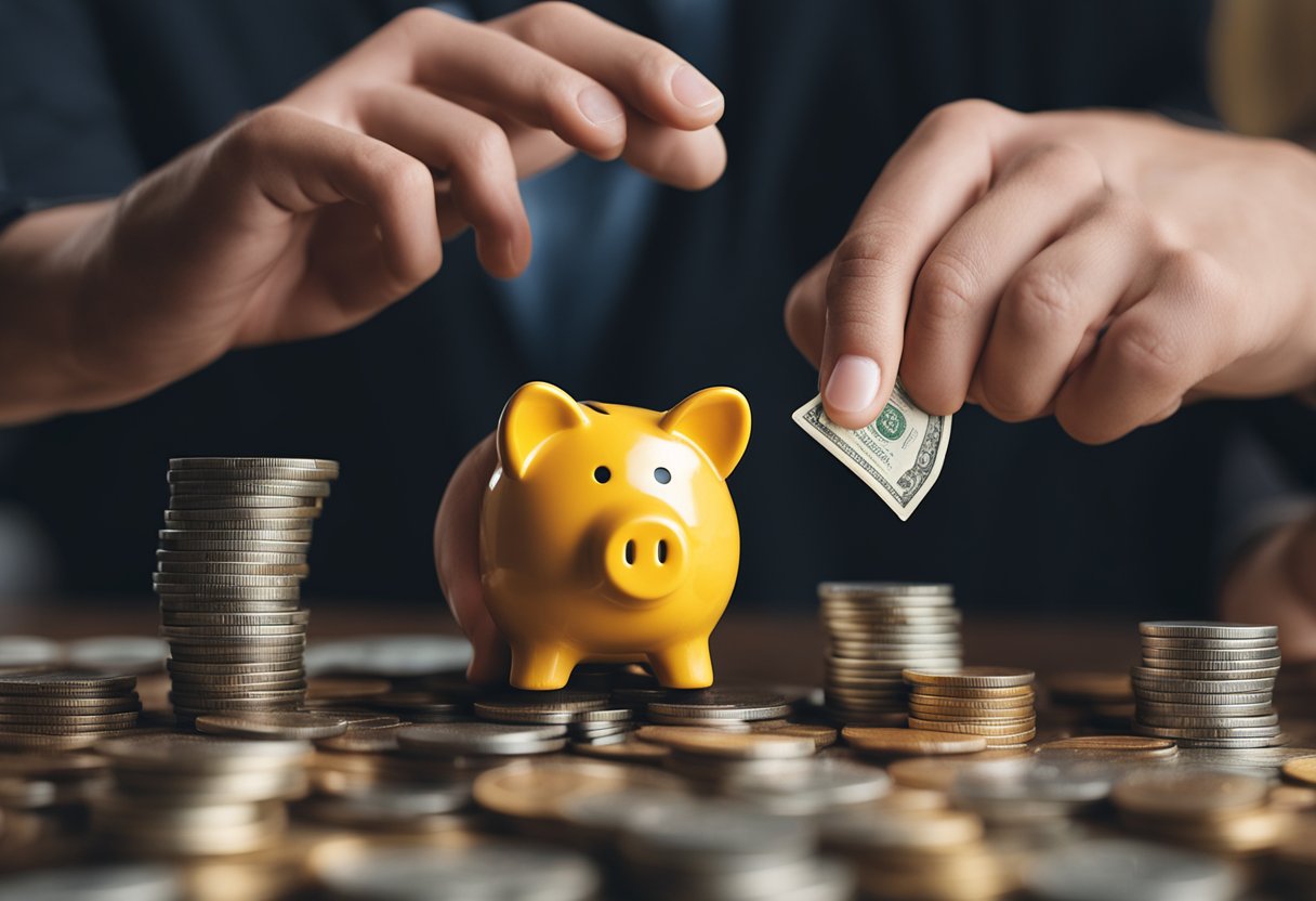 Um cofre com uma fenda na parte superior está em uma mesa, cercado por moedas e notas. Uma mão se estende para deixar cair uma moeda na fenda.