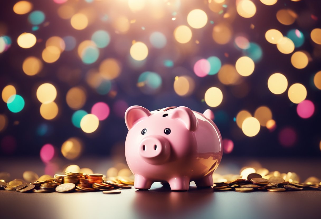 Um porquinho com uma fenda para moedas, cercado por confetes coloridos e um holofote brilhando sobre ele