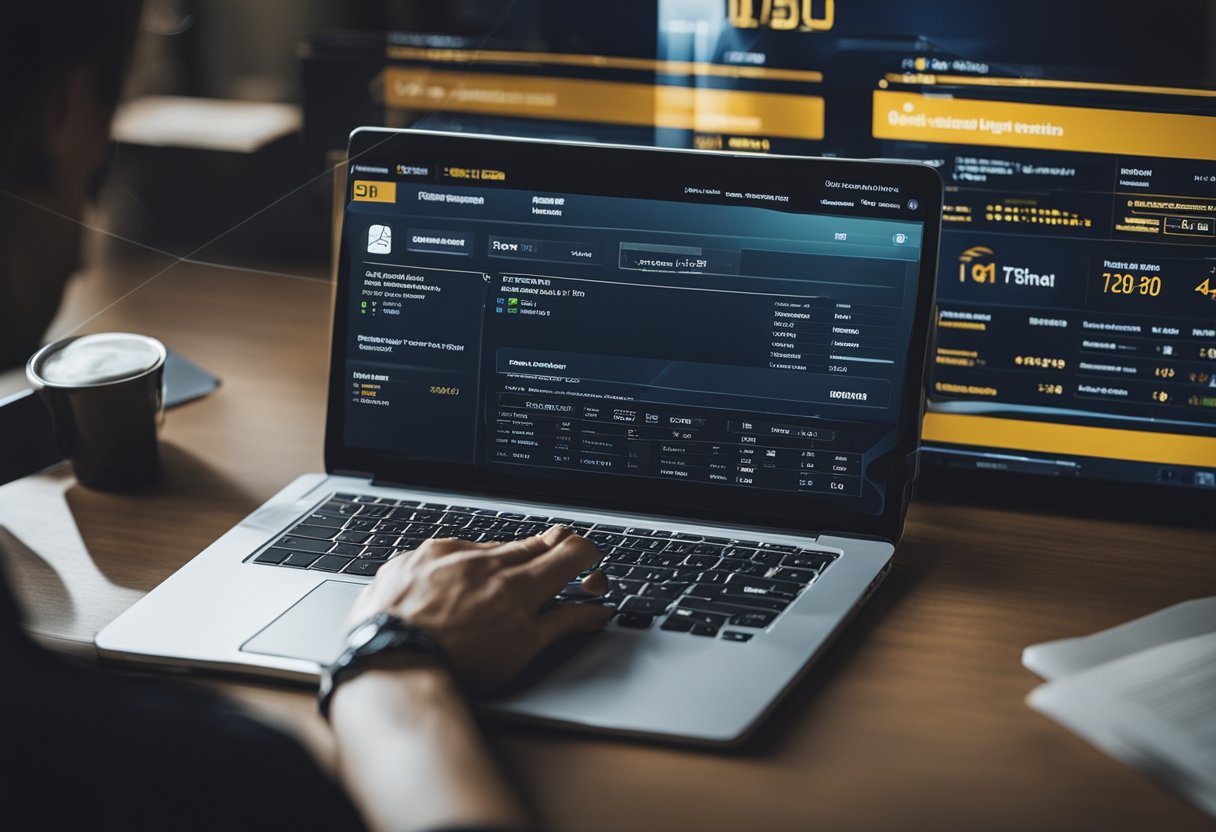 Uma pessoa usando um laptop para acessar o Shell Box Banco Inter, com um processo de login seguro e várias funcionalidades bancárias exibidas na tela.