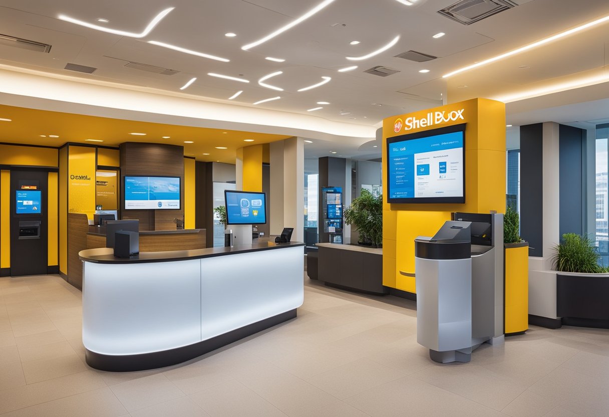 Uma agência bancária vibrante e moderna com quiosques digitais e telas interativas, exibindo as características e benefícios do aplicativo bancário Shell Box.
